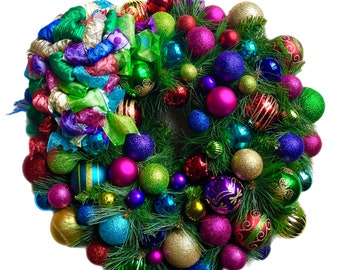 Christmas Wreath Jewel-tone Shatterproof Ornament Long Needle Pine Lime Hot Pink Turquoise Blue Green 27” In-Outdoor w/ Bow FREE SHIPPING!