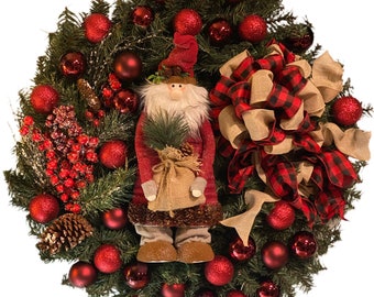 Christmas Wreath Santa Clause Wreath Red Berry Wreath Holiday Rustic Country Pine Winter Wreath Indoor Outdoor FREE SHIPPING!