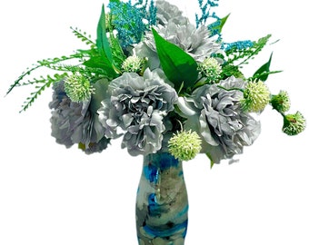Peony Floral Arrangement Modern Slate Gray & Turquoise Italian Swirl Glass Vase All Season Large 18” Tall FREE SHIPPING!