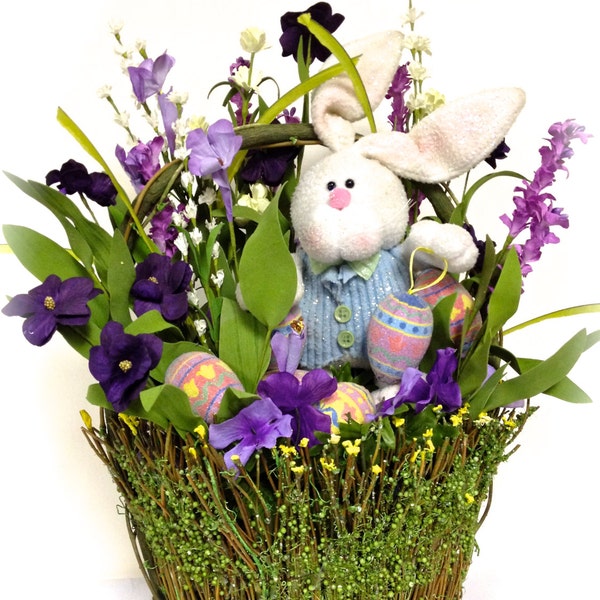 Spring Floral Arrangement Easter Bunny Centerpiece Wildflower Arrangement Spring Silk Floral Bunny in a Basket 18" Large