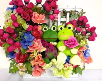 Floral Arrangement Frogs Centerpiece or Wreath Door Wall Decor Distressed Window Box Outdoor Large FREE SHIPPING!