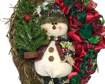 Winter Wreath Snowman Wreath Christmas Holiday Wreath Primitive Rustic Country Grapevine 24" Indoor Outdoor FREE SHIPPING!