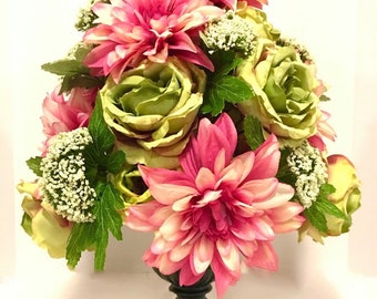 Floral Arrangement All Season Pink Green Centerpiece Green Roses, Pink Dahlia 16"x 22" FREE SHIPPING!