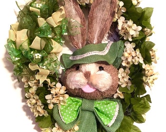 Easter Wreath Spring Bunny Wreath Indoor Outdoor Wreath Green w/ Cream Hydrangea Yellow Oval 22"x26" FREE SHIPPING!