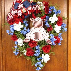 Patriotic Wreath Spring Floral Wreath Red White Blue Silk Floral Bull Cow Grapevine 24x27 In-Outdoor FREE SHIPPING image 5