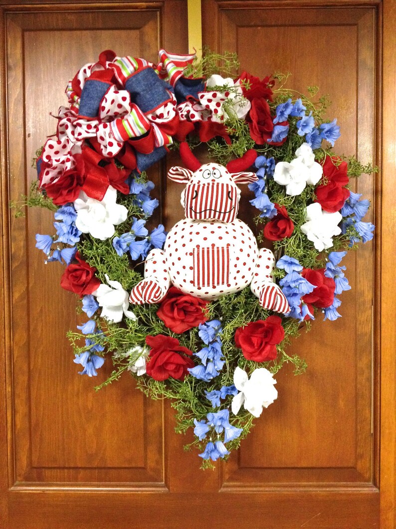 Patriotic Wreath Spring Floral Wreath Red White Blue Silk Floral Bull Cow Grapevine 24x27 In-Outdoor FREE SHIPPING image 5