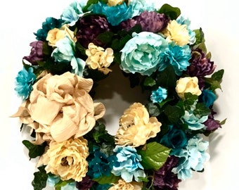 Fall Wreath Outdoor All Season Large Purple Turquoise Cream Spring Summer Peonies Hydrangea Zinnia Roses FREE SHIPPING!