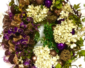 Fall All Season Wreath Holiday Christmas XL Elegant Hydrangea Cream Purple Copper Winter Shatterproof 28"Outdoor FREE SHIPPING!