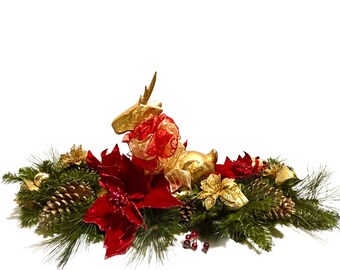 Long Christmas Centerpiece Reindeer Poinsettia Red Velvet Holiday Table Arrangement 24 Red Gold FREE SHIPPING