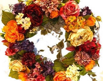 Fall Wreath Spring Wreath Tuscan Outdoor All season Spring Fall Outdoor XL Peony Hydrangea Rose Zinnia Red Gold Sage FREE SHIPPING!