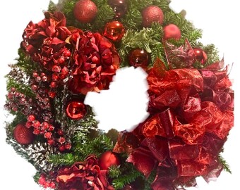 Valentines Day Wreath Christmas Holiday SHATTERPROOF Ornament Red Burgundy Peony Hydrangea 24” IN/OUTDOOR