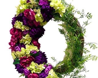 Fall Wreath All Season Wreath Outdoor Spring Outdoor XL Peony Hydrangea Giant Mum Purple Fuchsia Lime Green FREE SHIPPING 26''!