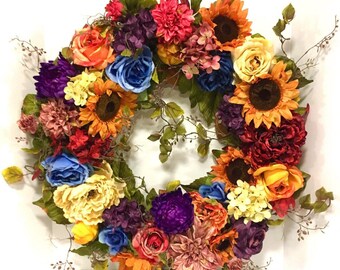 Fall Wreath XL Outdoor Wreath All Season Silk Floral Tuscan Peony Sunflower Hydrangea Rose Zinnia Multi FREE SHIPPING!