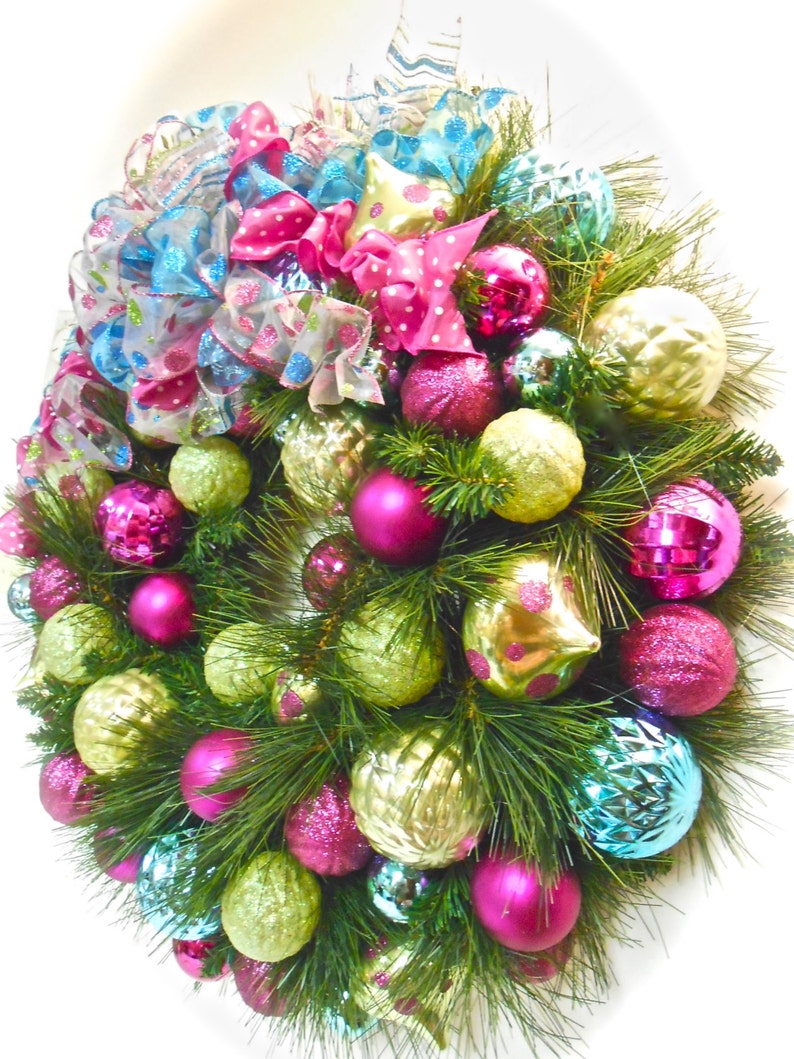 Christmas Wreath Ornament Long Needle Pine Lime Hot Pink Turquoise Blue Large In-Outdoor Shatterproof FREE SHIPPING image 4