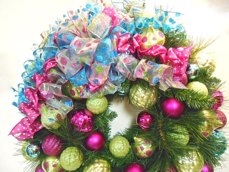 Christmas Wreath Ornament Long Needle Pine Lime Hot Pink Turquoise Blue Large In-Outdoor Shatterproof FREE SHIPPING image 2