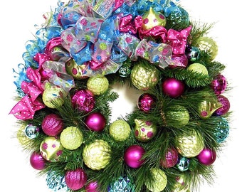 Christmas Wreath Ornament Long Needle Pine Lime Hot Pink Turquoise Blue Large In-Outdoor Shatterproof FREE SHIPPING!