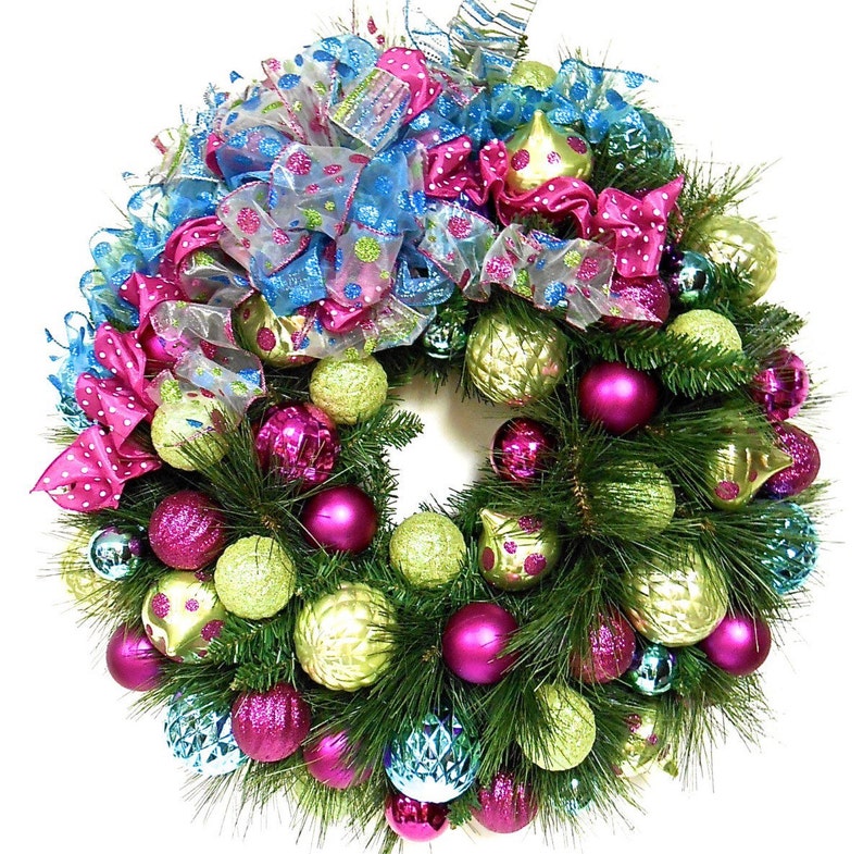 Christmas Wreath Ornament Long Needle Pine Lime Hot Pink Turquoise Blue Large In-Outdoor Shatterproof FREE SHIPPING image 1