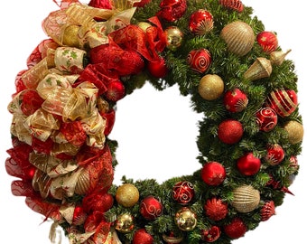 XL Elegant Red & Gold Wreath Christmas Wreath Holiday Pine Winter Outdoor 32” Shatterproof Ornaments FREE SHIPPING!