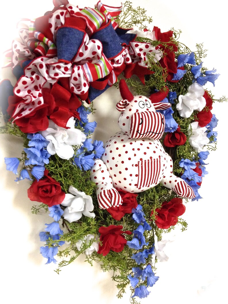 Patriotic Wreath Spring Floral Wreath Red White Blue Silk Floral Bull Cow Grapevine 24x27 In-Outdoor FREE SHIPPING image 4