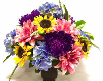 Fall Floral Centerpiece Arrangement Hydrangea Sunflower Zinnia Mums 20" Purple Yellow Pink FREE SHIPPING!