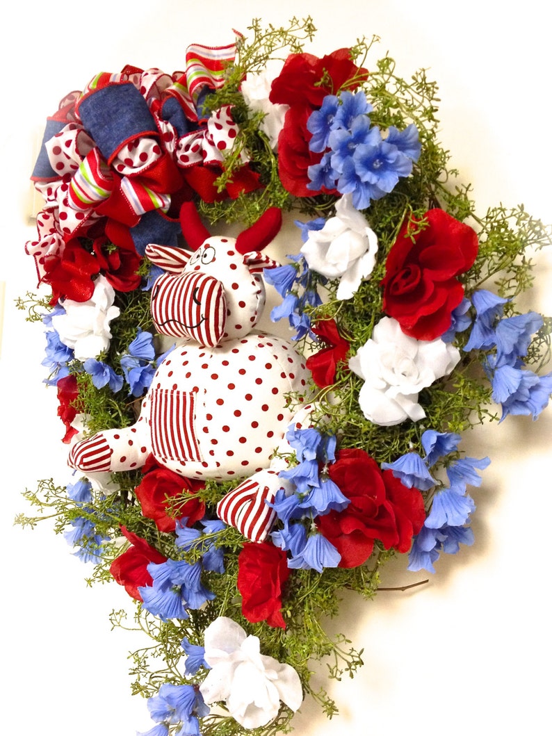 Patriotic Wreath Spring Floral Wreath Red White Blue Silk Floral Bull Cow Grapevine 24x27 In-Outdoor FREE SHIPPING image 3