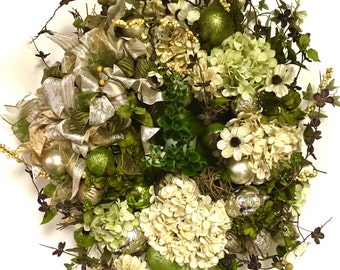 Christmas Wreath XL Elegant Hydrangea Winter AllSeason Shatterproof Ornaments 28" In/Outdoor Cream Sage Bow FREE SHIPPING!