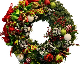 Christmas Wreath Modern Large Outdoor Red and Lime Green Silk Floral & Berries Shatterproof Ornaments XL FREE SHIPPING!