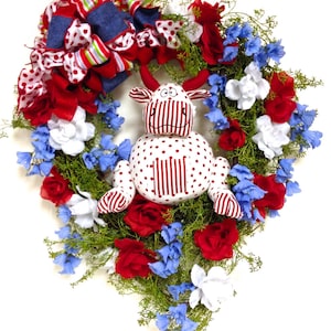 Patriotic Wreath Spring Floral Wreath Red White Blue Silk Floral Bull Cow Grapevine 24x27 In-Outdoor FREE SHIPPING image 1