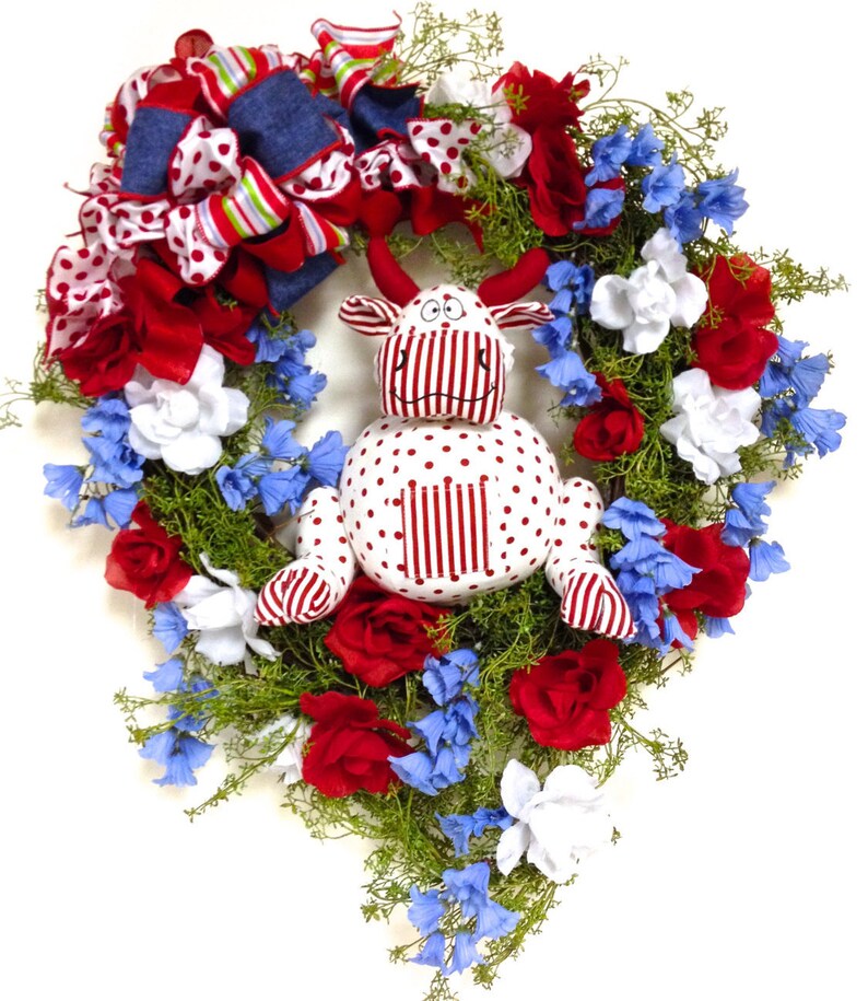 Patriotic Wreath Spring Floral Wreath Red White Blue Silk Floral Bull Cow Grapevine 24x27 In-Outdoor FREE SHIPPING image 1