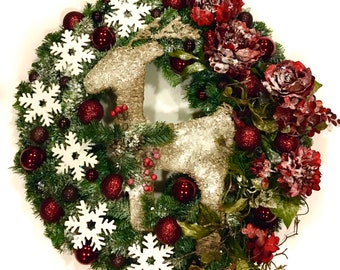 Christmas Wreath Farmhouse Country Deer XL 30" Winter Outdoor Christmas Winter Red Green FREE SHIPPING!