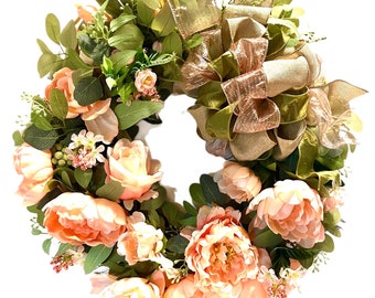 Spring Wreath Peony Peach Sage Green Summer All Season Floral Indoor Outdoor 22” FREE SHIPPING!