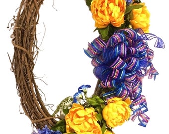 Spring Wreath Oval L Yellow Peony Blue Floral Mix Indoor Outdoor Silk Floral Wreath Large FREE SHIPPING!