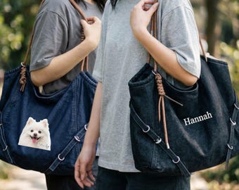 Denim-Tragetasche mit Kordelzug – Individuelle Textstickerei, Druck auf Anfrage mit Haustierbild, personalisierte Schultertasche