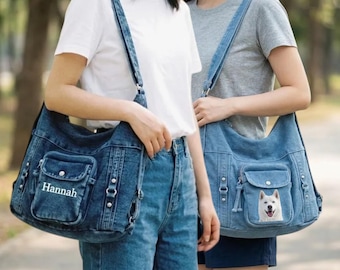 Denim-Tragetasche mit Schultergurt – Individuelle Textstickerei, Druck auf Anfrage, Schultasche mit mehreren Fächern