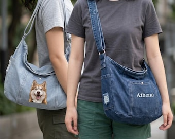Denim-Umhängetasche – Personalisierte, geräumige Slouchy-Tasche, Dumpling-Geldbörse, Pendlertasche mit Reißverschluss und individueller Stickerei