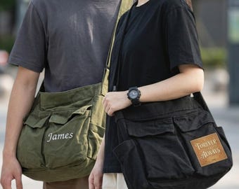 Große Umhängetasche aus Canvas – bestickte Schultertasche, individuell gestaltbare Crossbody-Tasche, minimalistische Unisex-Tasche