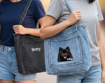 Personalisierte Denim-Tragetasche – Individuelle Textstickerei, Bilddruck auf Anfrage, geräumige Pendlertasche