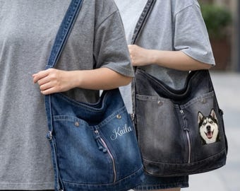 Denim-Schultertasche – Individuelle Textstickerei, Druck auf Anfrage, personalisierte, lässige Alltagstasche