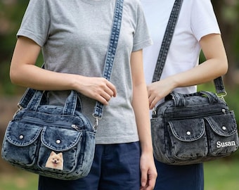 Personalisierte Damen-Schultertasche aus Denim – Individuelle Textstickerei, Druck auf Anfrage, Retro-Tragetasche