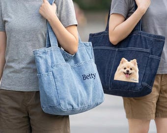 Denim-Tragetasche – Individuelle Textstickerei, Print-on-Demand-Bild, große Schultertasche für Studenten
