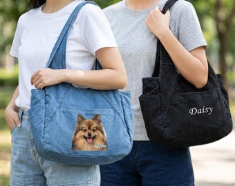 Denim Hobo Bag - Custom Text Embroidery, POD Image Vintage-Inspired Shoulder Tote, Everyday Handbag