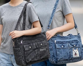 Denim-Umhängetasche – Individuelle Textstickerei, Bilddruck auf Anfrage, Damen-Pendler-Crossbody