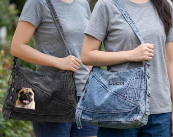 Retro-Umhängetasche aus Denim – Individuelle Textstickerei und Print-on-Demand-Bild