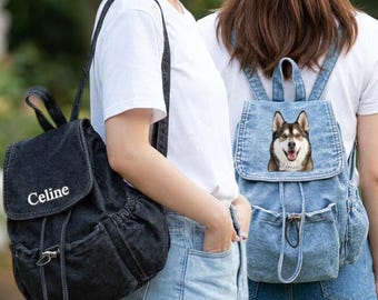 Personalisierter Damen-Jeansrucksack – Individuelle Textstickerei, Druck auf Anfrage, Retro-Tragetasche