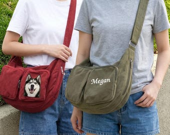 Crossbody-Canvas-Tasche – Damen-Umhängetasche, mehrere Fächer, großes Fassungsvermögen, Hobo-Schultertasche, individuell bestickt/bedruckt