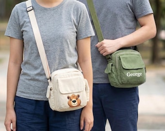 Canvas-Umhängetasche – Individuelle Textstickerei und Print-on-Demand-Bild, Mini-Schultertasche