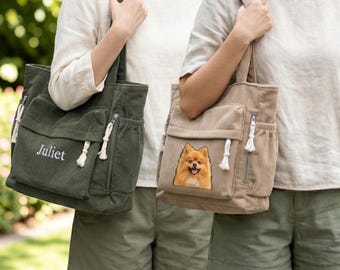 Personalisierte Cord-Tragetasche – Schultertasche mit individuellem Stickereidruck, Reißverschlusstasche, ideales Geschenk für Pendler