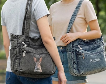 Umhängetasche aus Denim – Individuelle Textstickerei, Druck auf Anfrage, Crossbody-Tasche mit mehreren Fächern