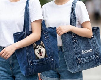 Denim-Tragetasche – Minimalistische Alltagstasche für Damen, personalisierte Schultertasche mit Nieten