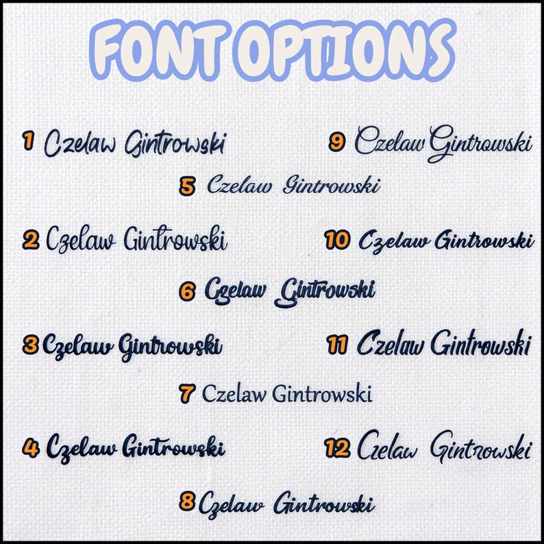 K&ouml;nnte beinhalten: Eine &Uuml;bersicht mit dem Titel FONT OPTIONS, die zw&ouml;lf verschiedene dunkelblaue Schriftarten auf einem wei&szlig;en, strukturierten Hintergrund zeigt. Jeder Stil ist von 1 bis 12 nummeriert und zeigt den Namen Czelaw Gintrowski in verschiedenen Schreib- und Druckschriften.